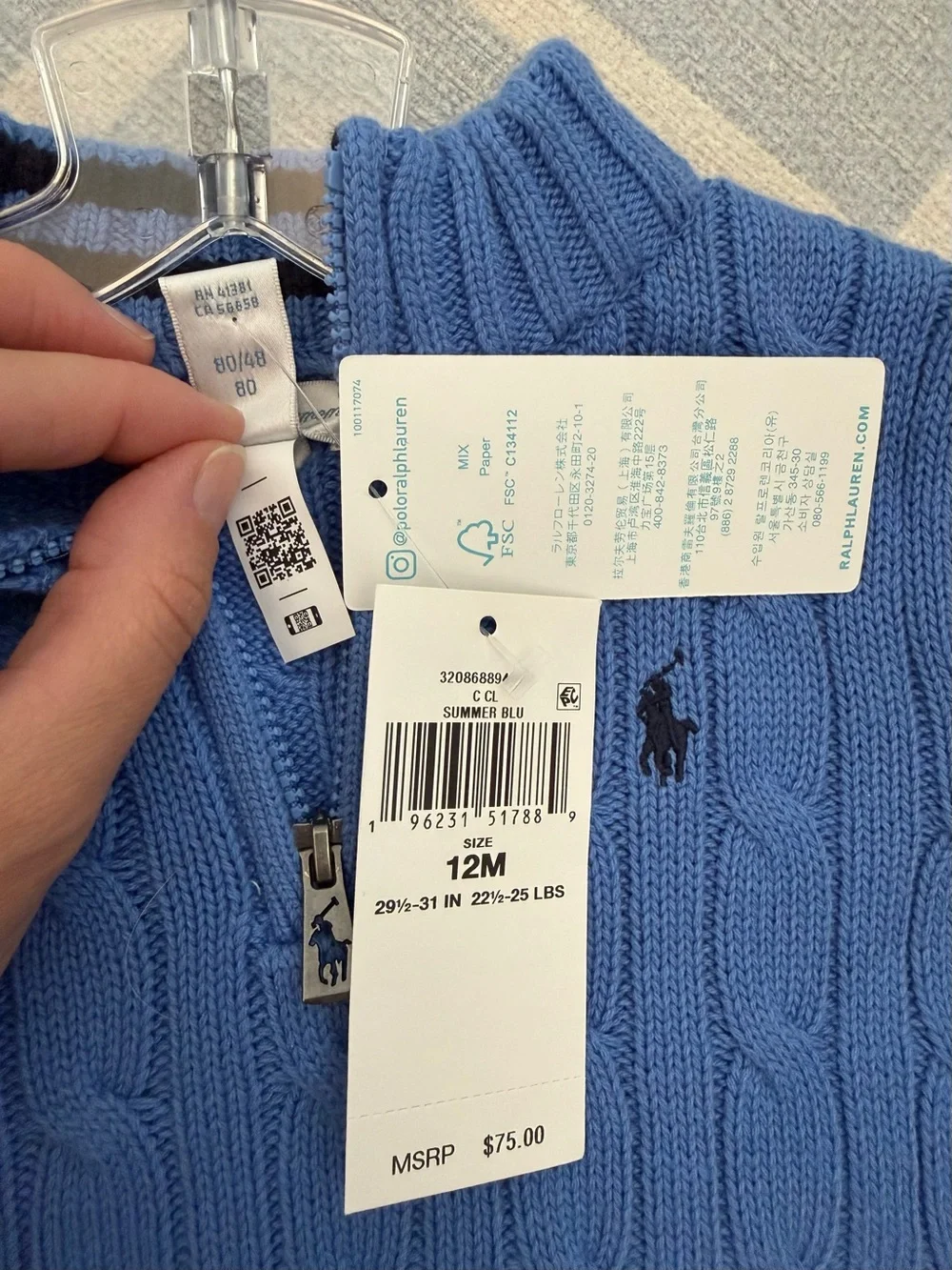 Ralph Lauren Baby, Blue Cable-Knit Quarter-Zip Sweater size 12m NWT